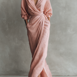 Roosa Linane Maxi Kleid V-Kaelus
