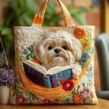 Käsitööna valminud Shih Tzu kott raamatu ja lilledega
