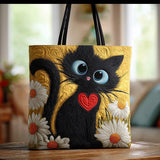 Handmade Black Cat Bag with a Heart and Daisies