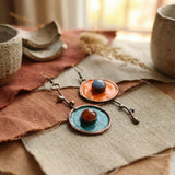 Asymmetrical vintage earrings in antique bronze with graphite