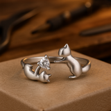 Adjustable Silver Ring with Funny Cat and Cubic Zirconia
