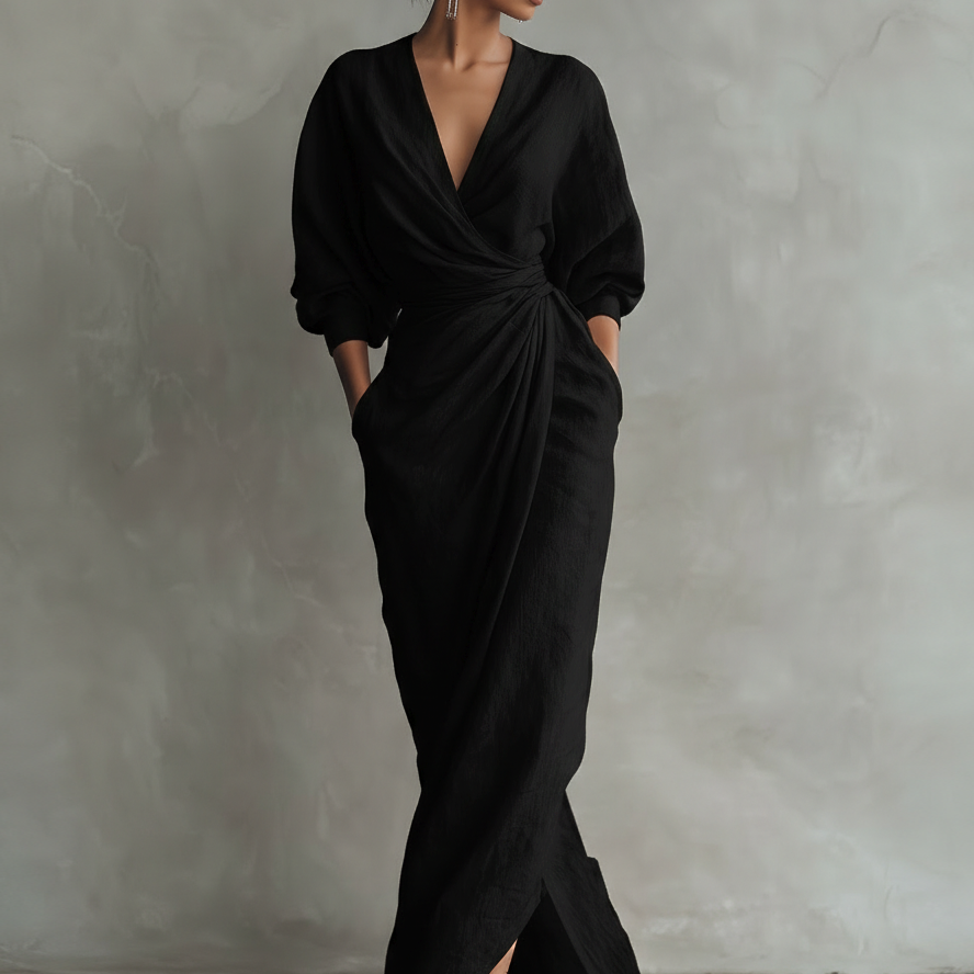 Roosa Linane Maxi Kleid V-Kaelus
