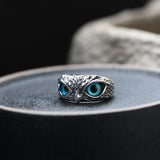 Adjustable lucky owl ring in silver with opal