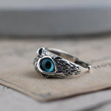 Adjustable lucky owl ring in silver with opal