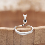 Adjustable silver ring with a cat