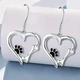 Silver earrings with heart and paw print design
