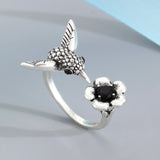 Hummingbird and Flower – Adjustable Open Ring with Birds for Women