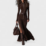 Kateřina | Long brown dress with a belt and a front zip