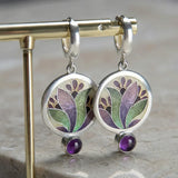 Boho earrings with purple crystals in silver