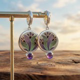 Boho earrings with purple crystals in silver