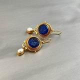 Vintage gold earring with blue pearls