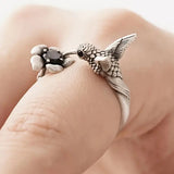 Hummingbird and Flower – Adjustable Open Ring with Birds for Women