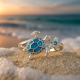 Silver ring with turtle and blue opal