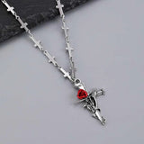 Silver Cross Pendant and Red Rose Necklace